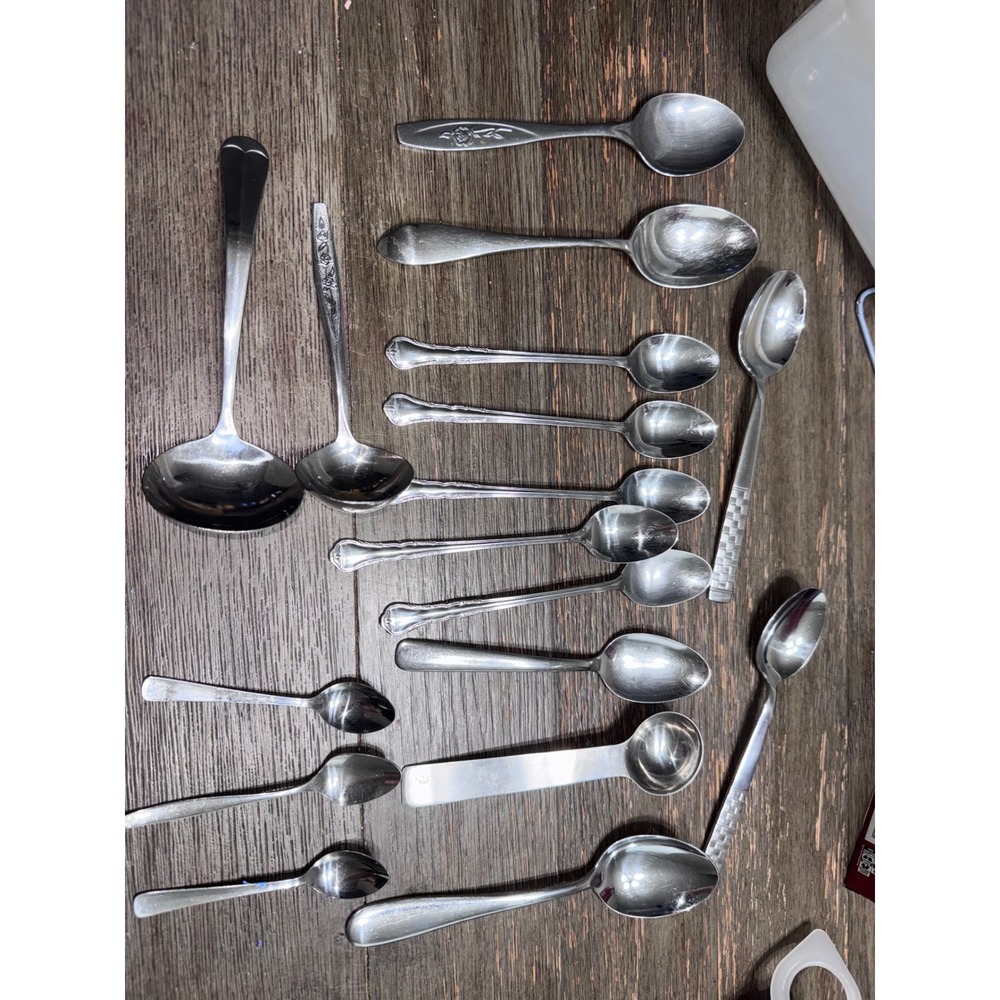Mixed Stainless Steel Spoon Lot Oneida Ann Albert Ladles Teaspoons 15pc Set - Picture 1 of 8